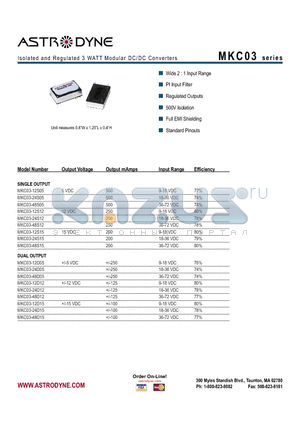 MKC03-24D05 datasheet - Isolated and Regulated 3 WATT Modular DC/DC Converters