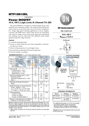 MTP10N10EL datasheet - Power MOSFET 10 A, 100 V, Logic Level, N−Channel TO−220