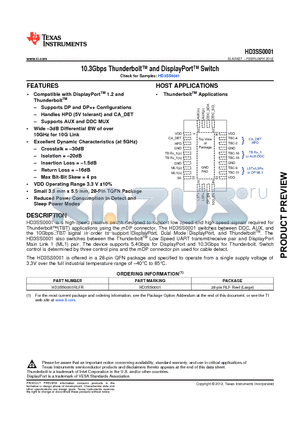 HD3SS0001 datasheet - 10.3Gbps Thunderbolt and DisplayPort Switch