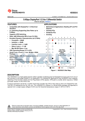 HD3SS212ZQER datasheet - 5.4Gbps DisplayPort 1.2 2-to-1 Differential Switch