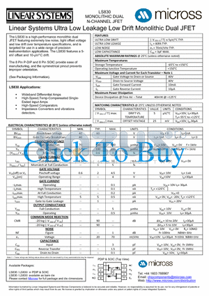 LS830_PDIP datasheet - Linear Systems Ultra Low Leakage Low Drift Monolithic Dual JFET