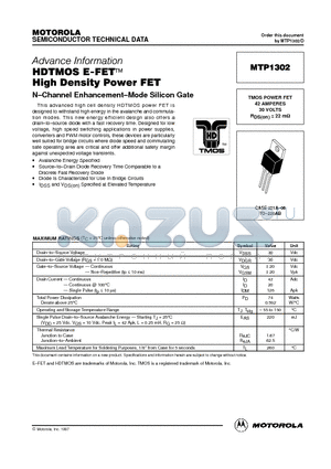 MTP1302 datasheet - TMOS POWER FET 42 AMPERES 30 VOLTS RDS(on) = 22 mohm