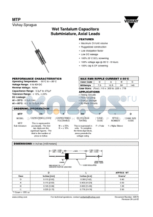 MTP156K00691D datasheet - Wet Tantalum Capacitors Subminiature, Axial Leads