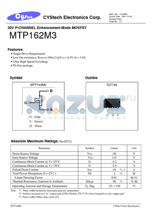 MTP162M3 datasheet - 30V P-CHANNEL Enhancement Mode MOSFET