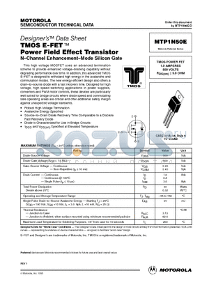 MTP1N50E datasheet - TMOS POWER FET 1.0 AMPERES 500 VOLTS RDS(on) = 5.0 OHM