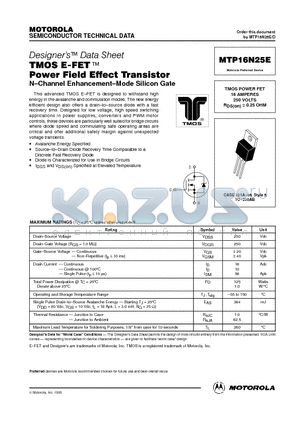 MTP16N25E datasheet - TMOS POWER FET 16 AMPERES 250 VOLTS RDS(on) = 0.25 OHM