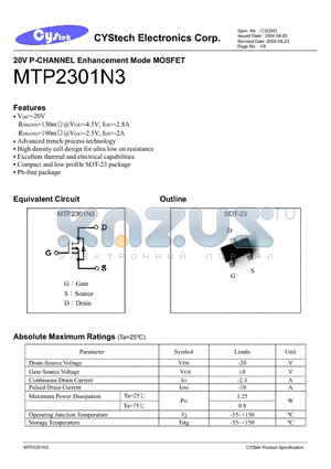 MTP2301N3 datasheet - 20V P-CHANNEL Enhancement Mode MOSFET