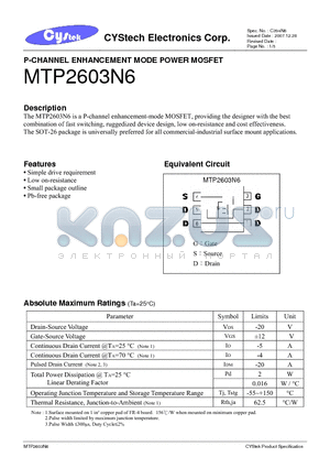 MTP2603N6 datasheet - P-CHANNEL ENHANCEMENT MODE POWER MOSFET