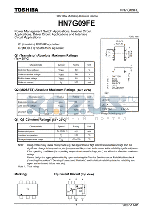 HN7G09FE datasheet - Power Management Switch Applications, Inverter Circuit Applications, Driver Circuit Applications and Interface Circuit Applications