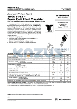 MTP2955E datasheet - TMOS POWER FET 12 AMPERES 60 VOLTS RDS(on) = 0.3 OHM