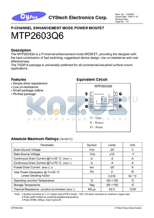 MTP2603Q6 datasheet - P-CHANNEL ENHANCEMENT MODE POWER MOSFET