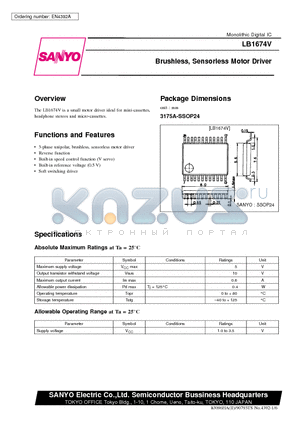 LB1674V datasheet - Brushless, Sensorless Motor Driver