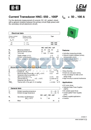 HNC-100P datasheet - Current Transducer HNC- 050~100P