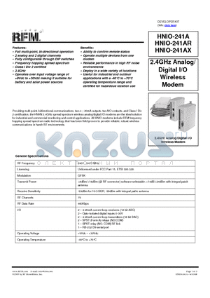 HNIO-241A datasheet - 2.4GHz Analog/ Digital I/O Wireless Modem