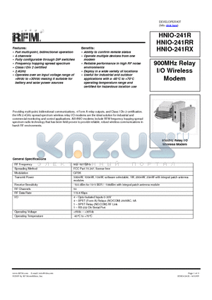 HNIO-241RR datasheet - 900MHz Relay I/O Wireless Modem