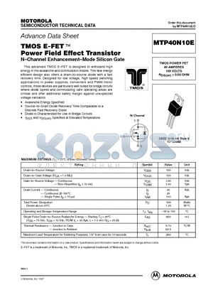 MTP40N10E datasheet - TMOS POWER FET 40 AMPERES 100 VOLTS RDS(on) = 0.04 OHM