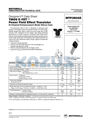 MTP3N25E datasheet - TMOS POWER FET 3.0 AMPERES 250 VOLTS RDS(on) = 1.4 OHM