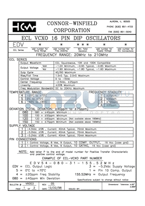 EDV41-100-22-155.52M datasheet - ECL VCXO 16 PIN DIP OSCILLATORS