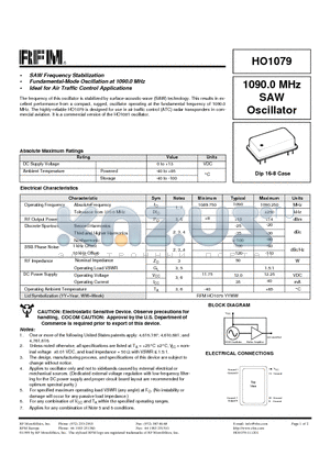 HO1079 datasheet - 1090.0 MHz SAW Oscillator