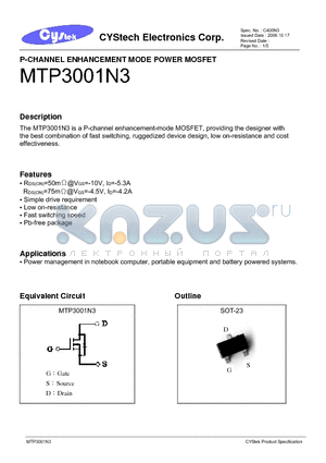 MTP3001N3 datasheet - P-CHANNEL ENHANCEMENT MODE POWER MOSFET