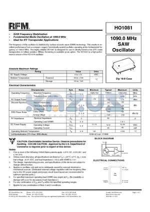 HO1081 datasheet - 1090.0 MHz SAW Oscillator