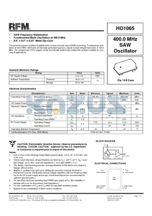 HO1065 datasheet - 400.0 MHz SAW Oscillator