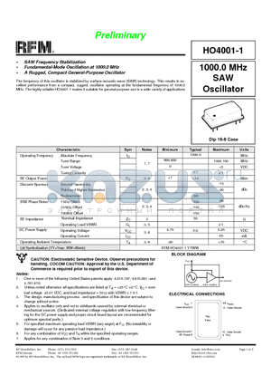 HO4001-1 datasheet - 1000.0 MHz SAW Oscillator