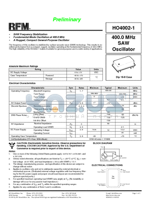 HO4002-1 datasheet - 400.0 MHz SAW Oscillator