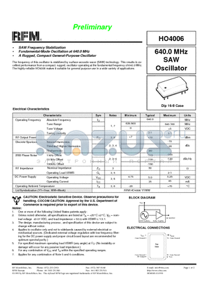 HO4006 datasheet - 640.0 MHz Voltage Controlled SAW Oscillator