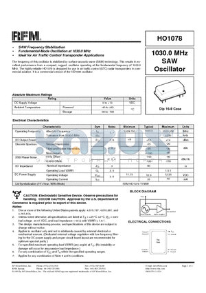 HO1078 datasheet - 1030.0 MHz SAW Oscillator