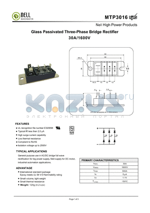 MTP3016 datasheet - Glass Passivated Three-Phase Bridge Rectifier 30A/1600V