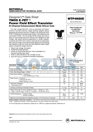 MTP4N80E datasheet - TMOS POWER FET 4.0 AMPERES 800 VOLTS RDS(on) = 3.0 OHM