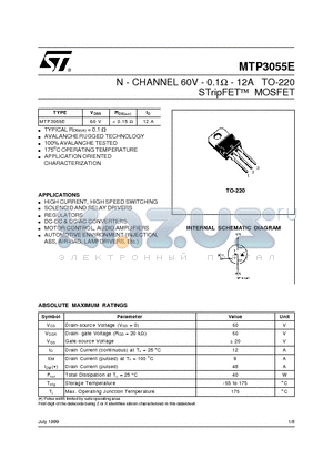 MTP3055 datasheet - N - CHANNEL 60V - 0.1ohm - 12A TO-220 STripFET  MOSFET