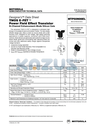 MTP50N06EL datasheet - TMOS POWER FET 50 AMPERES 60 VOLTS RDS(on) = 0.028 OHM