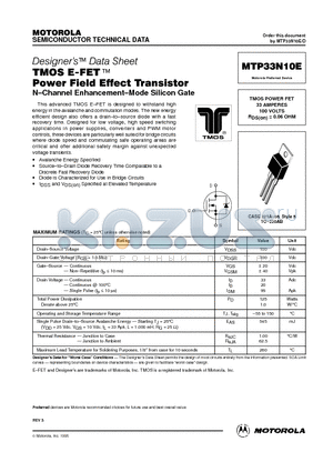 MTP33N10 datasheet - TMOS POWER FET 33 AMPERES 100 VOLTS RDS(on) = 0.06 OHM