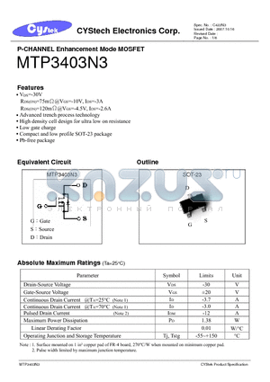 MTP3403N3 datasheet - P-CHANNEL Enhancement Mode MOSFET