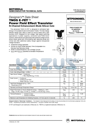MTP50N06 datasheet - TMOS POWER FET 50 AMPERES 60 VOLTS RDS(on) = 0.028 OHM
