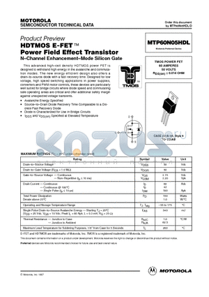MTP60N05 datasheet - TMOS POWER FET 60 AMPERES 50 VOLTS RDS(on) = 0.014 OHM