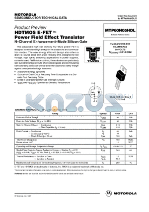 MTP60N05HDL datasheet - TMOS POWER FET 60 AMPERES 50 VOLTS RDS(on) = 0.014 OHM