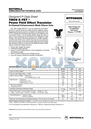 MTP6N60E datasheet - TMOS POWER FET 6.0 AMPERES 600 VOLTS RDS(on) = 1.2 OHMS