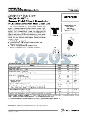 MTP6P20E datasheet - TMOS POWER FET 6.0 AMPERES 200 VOLTS RDS(on) = 1.0 OHM