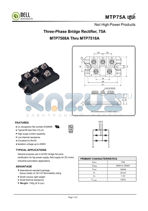 MTP75A datasheet - Three-Phase Bridge Rectifier, 75A