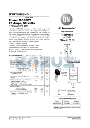 MTP75N05HD datasheet - Power MOSFET 75 Amps, 50 Volts