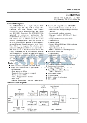 GM82C803CN datasheet - 2.88 MB FDC/ Dual UARTs with FIFO/PIO(EPP/ ECP)/ IDE Interface/ S-IR/ PnP