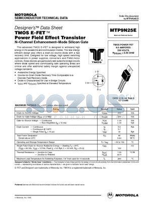 MTP9N25 datasheet - TMOS POWER FET 9.0 AMPERES 250 VOLTS RDS(on) = 0.45 OHM