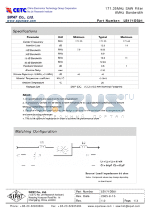 LB171DS01 datasheet - 171.35MHz SAW Filter 8MHz Bandwidth