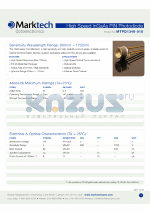 MTPD1346-010 datasheet - Sensitivity Wavelength Range: 800nm ~ 1750nm