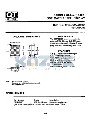 GMA3688C datasheet - 1.5 INCH (37.9mm) 8X8 DOT MATRIX STICK DISPLAY