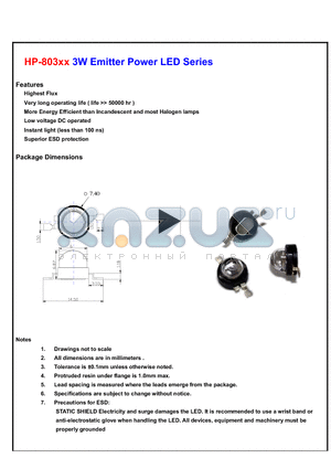 HP-803XX datasheet - 3W Emitter Power LED Series