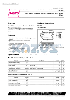 LB1820 datasheet - Office Automation-Use 3-Phase Brushless Motor Driver